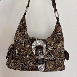 Rustic Couture Y2K Western Rhinestone Horseshoe Paisley Hobo Bag